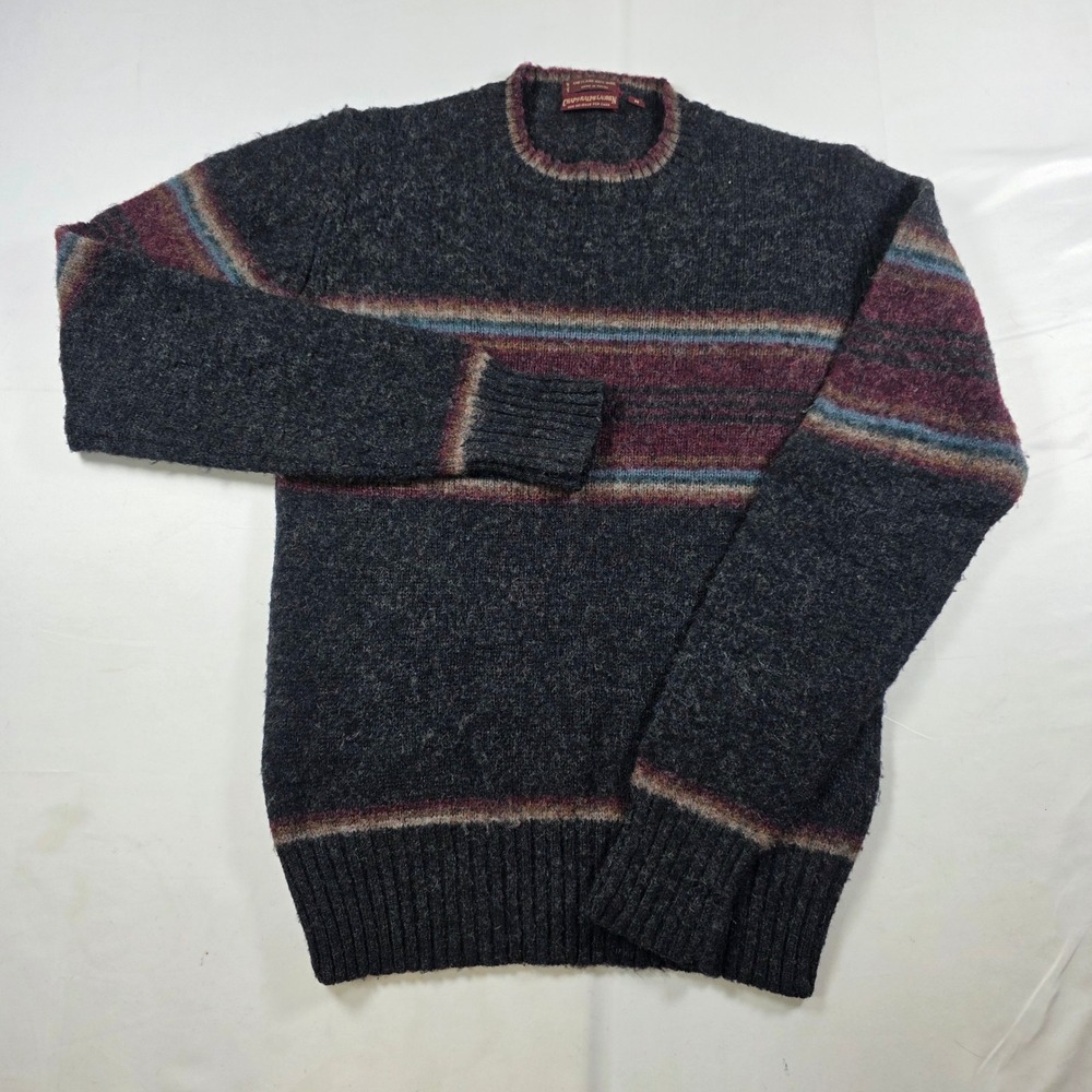 Chaps Ralph Lauren Mens Shetland Wool Striped Crewneck Sweater Gray Vintage M